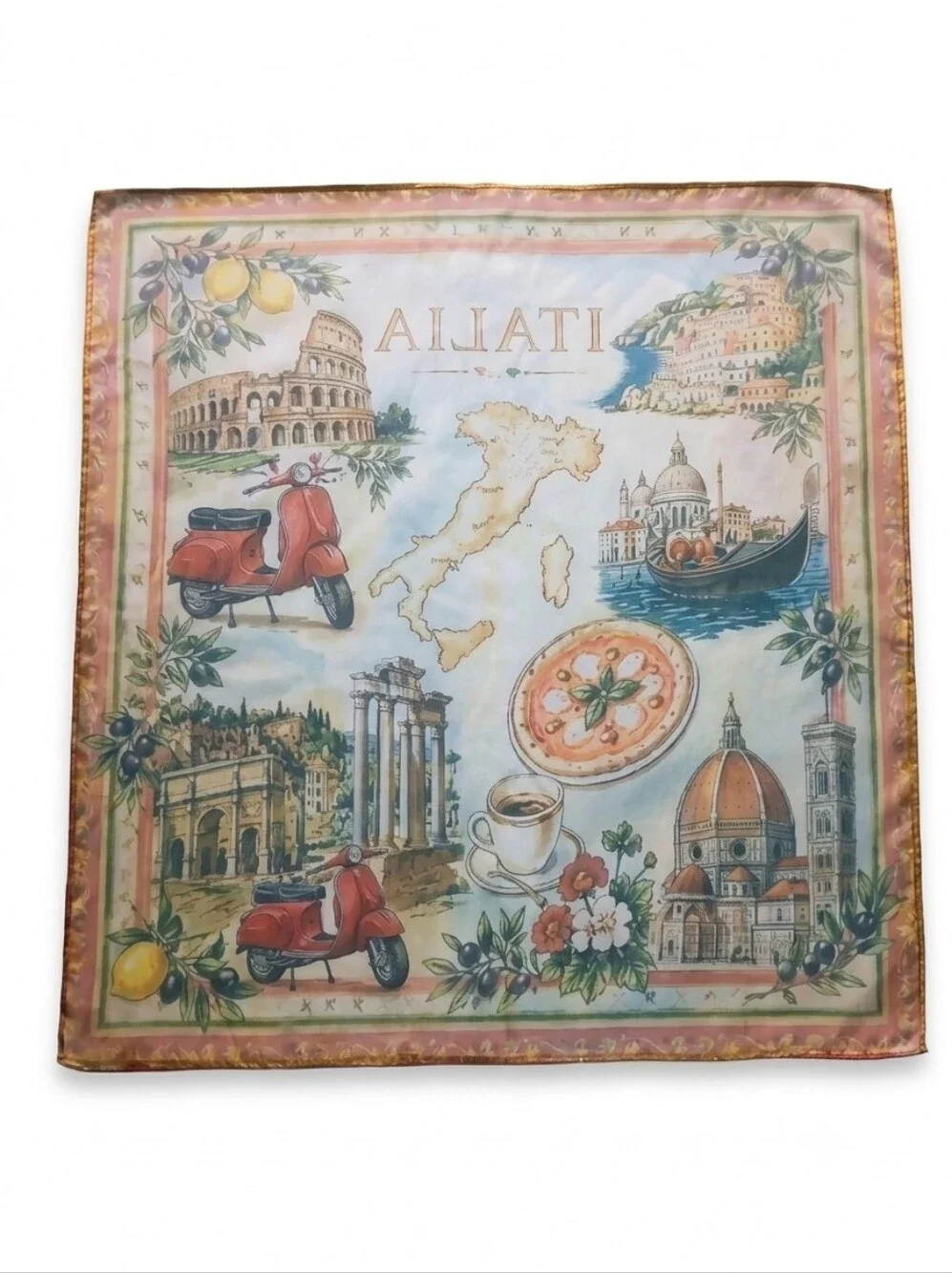 Italia Satin Scarf | Italy Landmarks Vespa Lemons Print